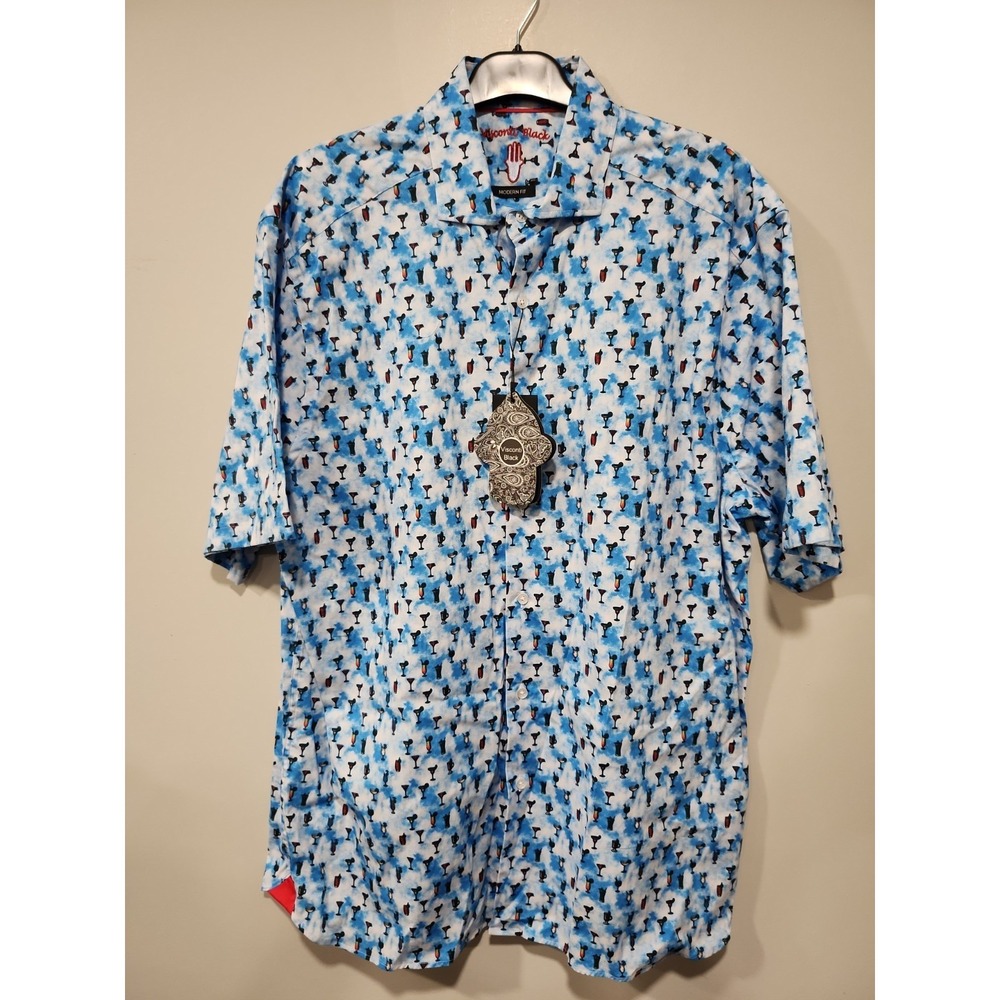 Visconti Black NWT Button Up Shirt Mens L Short Sleeve Modern Fit Drinks Blue